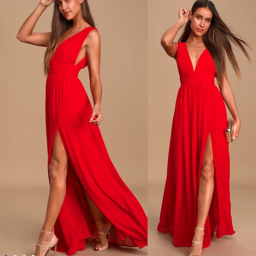 Lulu's Red V-Neck Maxi Dress with Slit